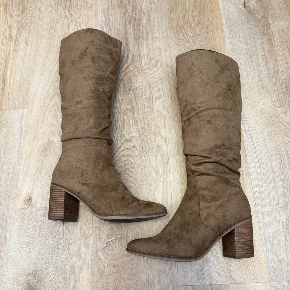 Brown Suede Pointed Toe Knee-High Boots